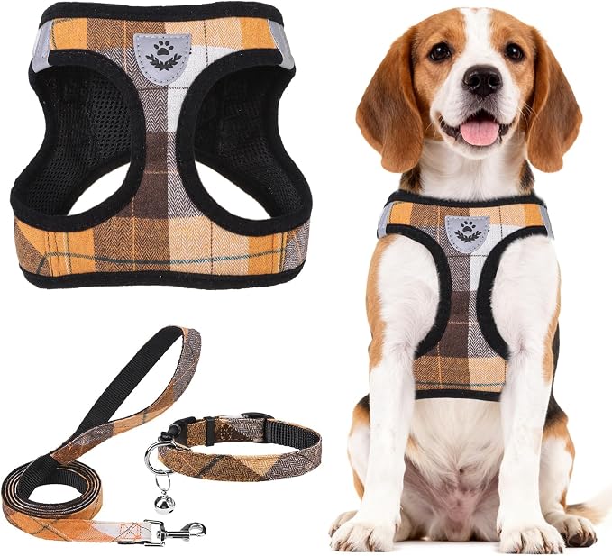 PUPTECK Dog Harness, Collar and Leash Set No Pull for Small Medium Sized | Plaid Puppy Step-in Escape Proof Reflective No Choke Pet Cat Adjustable Walking Vest by PUPTECK