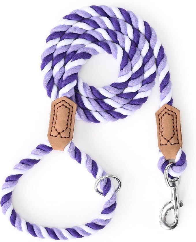 Mile High Life Rainbow Dog Leash Braided Cotton Rope w Leather-Wrapped Ends | Rust-proof 360° swivel clasp, Heavy-duty for medium/large breeds. Great for weddings, daily walks (4FT, 1/2", Purple) by MileHighLife