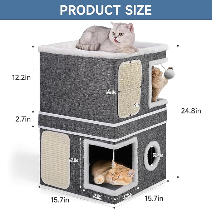 Shikha 2 Story Cat House beds for Indoor Cats with Scratch Pads Grey | 2 in 1 Dual Use Double Cat Bed Cave for Multiple Pets Kitten, Elevated Perch for a Wide View, All Season Reversible Cushion - Image 3