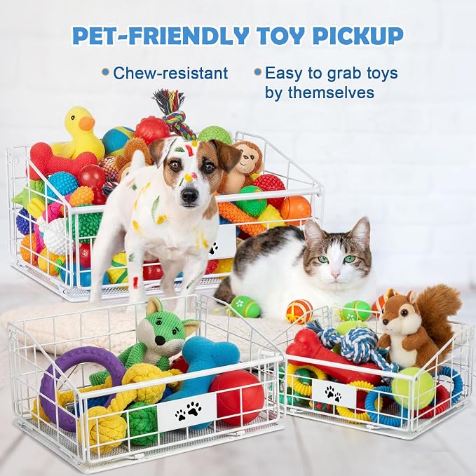 Mimorou 3 Pack Metal Dog Toy Baskets Multi-sized Foldable Dog Toy Bins Box Storage Container Organizer for Living Room Area Decorative Pet Accessories Coat Clothing Storage Holder Baskets(White) - Image 5