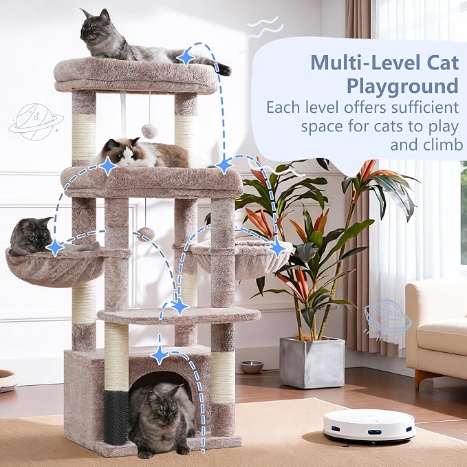 Hey-brother Cat Tree Tower with Extra Large Platform, Big Condo, MPJ070MU | 51.1 Inches Scratching Posts with 2 Cozy Hammocks, Self-Grooming Brush for Indoor Adult Cats, Maine Coon, Muchroom - Image 7