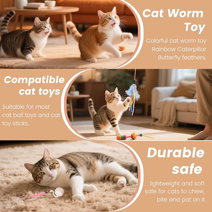 Interactive Cat Toys Replacement Tails Accessories for Cat Ball, 10Pcs | Feather, Worm, Plush Attachments, With Bells, Fun and Engaging, Soft and Safe, Multiple Colors and Styles, Easy to Attach - Image 5
