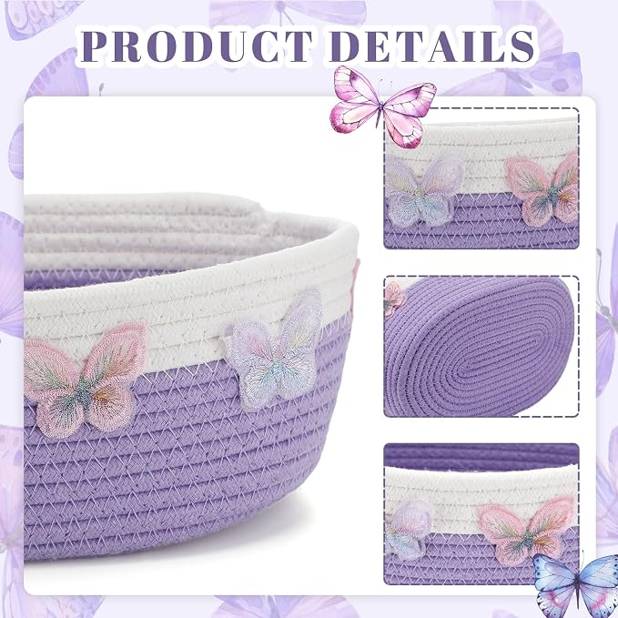 Geelin 3 Pcs Purple Baskets for Gift Cute Butterfly Woven Rope Gift Baskets Rectangle Shelf Organizer Laundry Hamper Storage Bins for Closet Bedroom Decor Nursery Toys Organizing, 11.8''x7.8''x4.7'' - Image 4