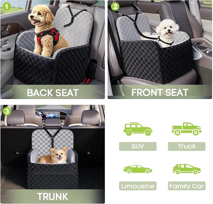 Waterproof Dog Booster Car Seat for Small Medium Dogs up to 26 lbs | 6-Inch Elevated Memory Foam CarSeat, Detachable Washable Cover, Y-Shape Safety Belt, Storage Pockets, Fits in Front/Back Seat - Image 9