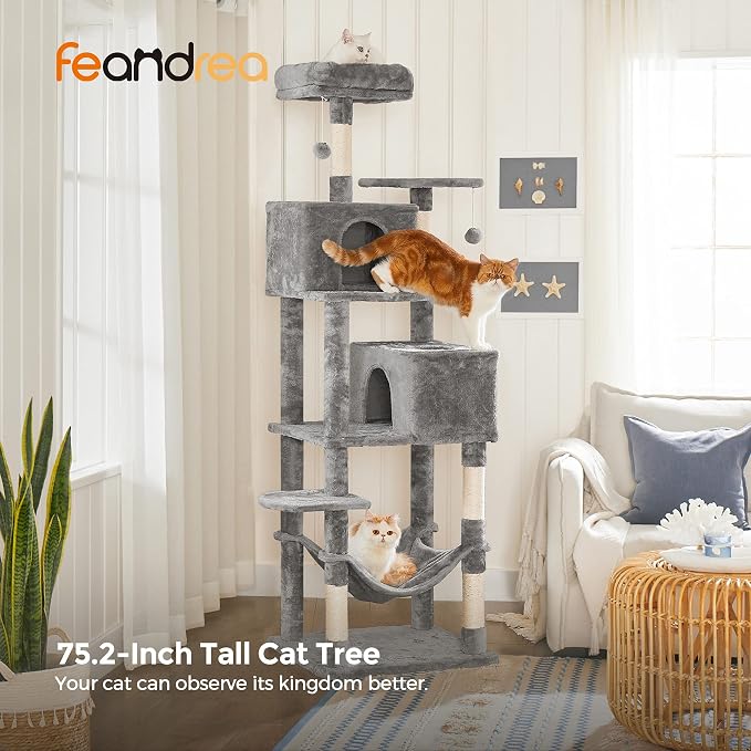 Feandrea Cat Tree, 73.2-Inch Cat Tower, Multi-Level Condo, Light Gray | with 5 Scratching Posts, 2 Perches, 2 Caves, Hammock, 2 Pompoms for Indoor Cats, Easy to Assemble, UPCT191W01 - Image 2