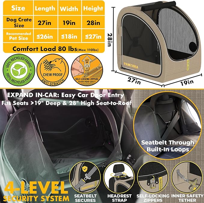 PAWZIDEA Portable Dog Crate for Car Travel, Medium & Large Dogs Up to 80lbs | Enclosed Soft-Sided Dog Car Kennel for Backseat, Secures w/ Seatbelt & Headrest Strap, Collapsible Car Carrier, Chew-Proof - Image 2