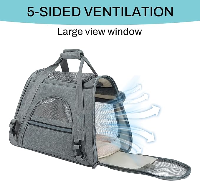 Airline Approved Soft-Sided Pet Carrier for Cats & Small Dogs - Ventilated Travel Bag with Removable Mat, Under 15 lbs, Grey - Image 4