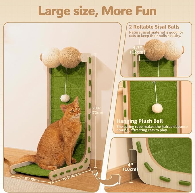 Felt Cat Scratcher for Indoor Cats,28.4 Inch,Green | L Shaped Scratching Post, Scratch Board Scratchers for Large Cat Scratch Pad Furniture Protector with Sisal Ball Kitten Toys - Image 3