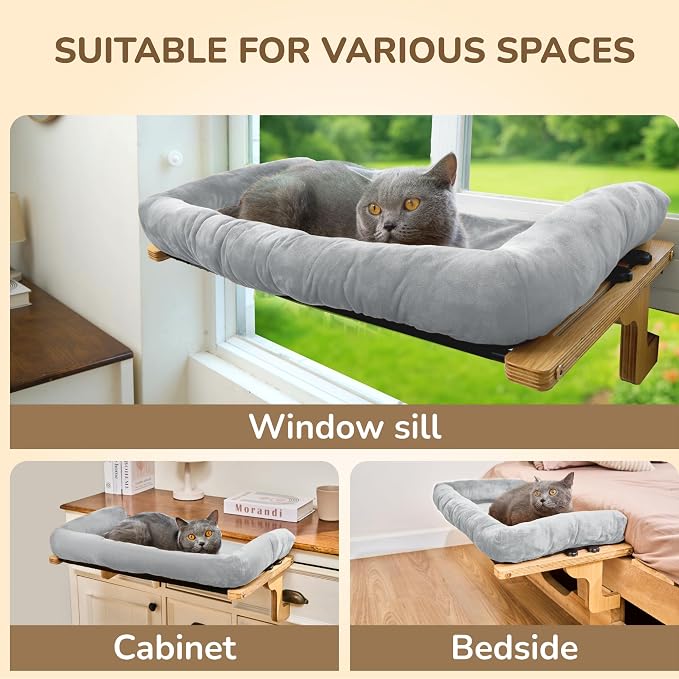 [Ready to Gift] PURRHOUSE Cat Window Perch with Cushion Bolster and Cool Pad, Cat Hammocks for Windows with Wood & Robust Metal Frame for Large Cats, Beds for Windowsill, Bedside and Cabinet,24''W - Image 7