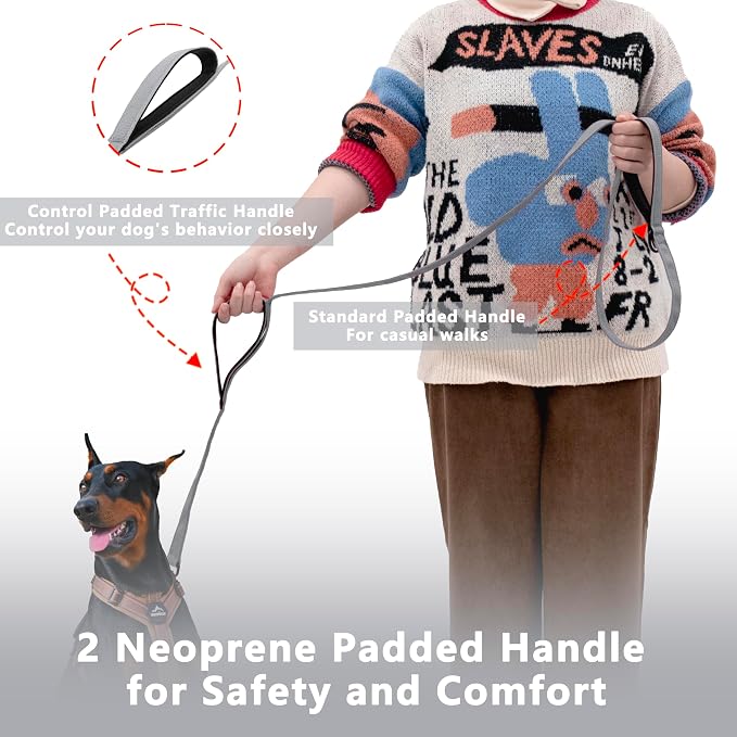 Dog Leash 6ft Long,Double Handle Dog Leash for Control Training | Heavy Duty Dog Leads with Traffic Padded Handles, Reflective Leashes for Small Medium Large Dogs(6ft, Grey) - Image 2