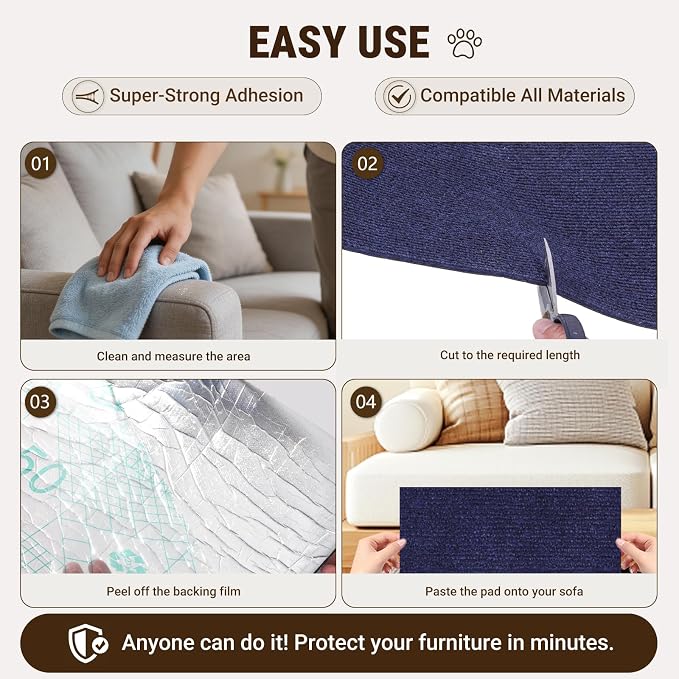 Cat Scratch Couch Furniture Protector,Trimmable Self-Adhesive Cats Claws Scratch Pads, Sisal DIY Climbing Couch Protector for Scratch Post Cat Tree Replacement Indoor(Navy, 78.7"x15.8") - Image 6