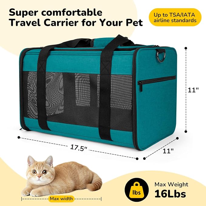 Hipubby Cat Carrier Dog Carrier for Pets Up to 16 Lbs, Soft-Sided Pet Travel Carrier for Cats and Small Dogs, Airline Approved Pet Carrying Case with Shoulder Strap & Removable Mat - Blue - Image 4