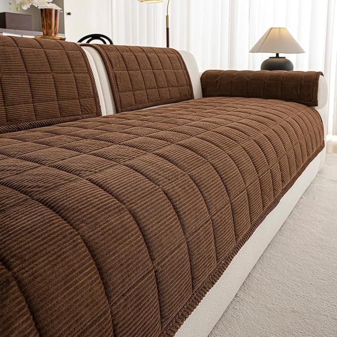 Couch Covers for Sectional Sofa, L Shaped Modular Couch Cover | 35”x71” Dark Brown Velvet Non Slip Sofa Covers Washable for 2 Cushion Sofa, Couch Protect Against Pet Hair, Scratches Stains by PJLZJFBY