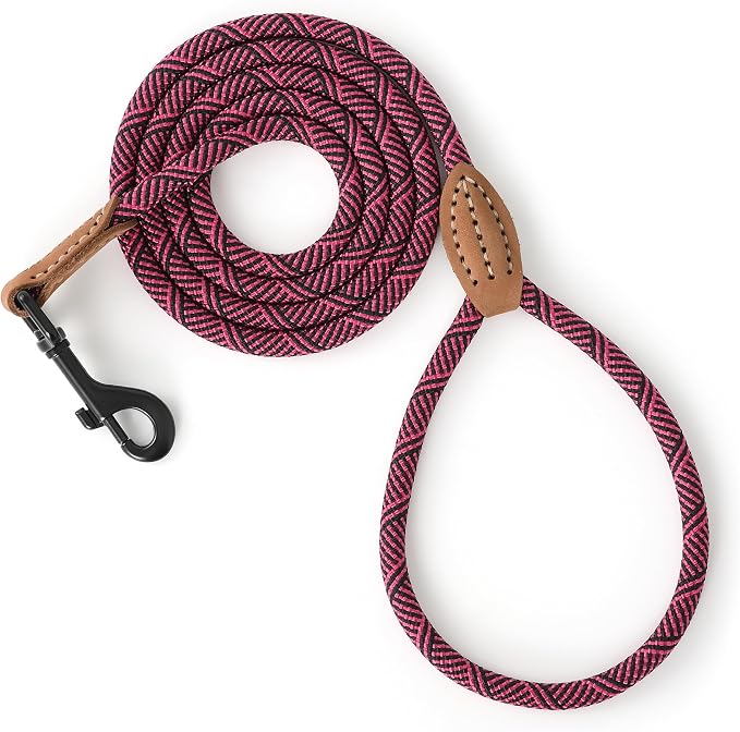 Mile High Life Dog Leash with Genuine Leather-Wrapped Ends, 4/5/6FT | Tangle-Free 360° Swivel Clasp Heavy Duty Rope Leash | Small Medium Large Dogs | Daily Walking (Rose Red, 60 Inch, 1/3") by MileHighLife