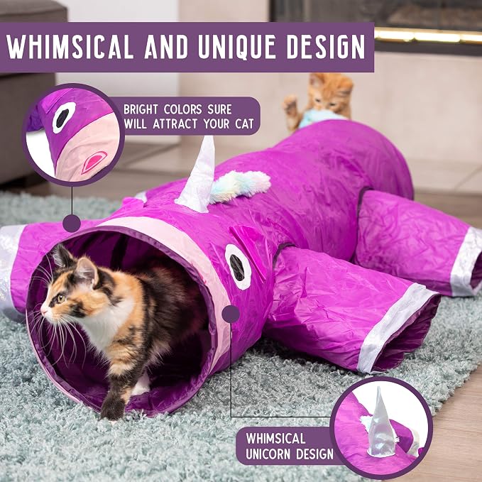 Pet Craft Supply Magic Mewnicorn Multi Cat Tunnel Boredom Relief Toys with Crinkle Feather String for Dogs, Cats, Rabbits, Kittens and Guinea Pigs for Hiding Hunting and Resting - Image 3