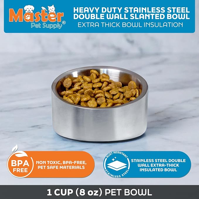 Master Pet Supply Stainless Steel Slanted Dog Cat Food Bowl 8 oz Stainless | Heavy Duty Double Wall Insulated, Non-Slip Elevated Bowl for French Bulldogs, Pugs, Cats, Anti Rust, Dishwasher Safe - Image 3