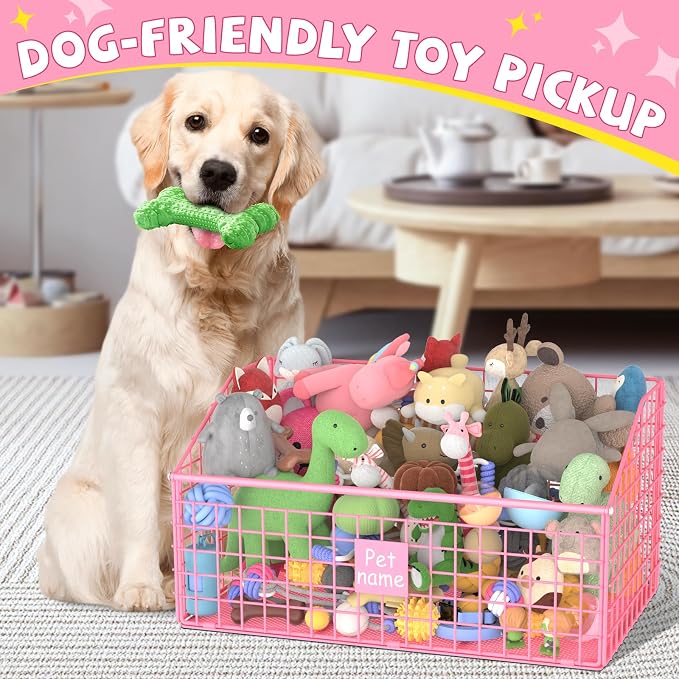 Kaiferty Indestructible Dog Toy basket, Large Toy Bin for Dogs,Pet Toy Bin Dog Metal Basket Organizer Storage for Toys Food Storage (Pink) - Image 3