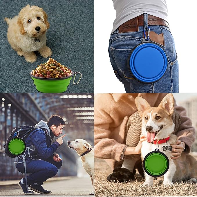 Large Collapsible Dog Bowls, 34oz Portable Foldable Travel Water Bowl Food Dishes with Carabiner Clip for Traveling, Hiking, Walking, 2 Pack (Purple+Green) - Image 2