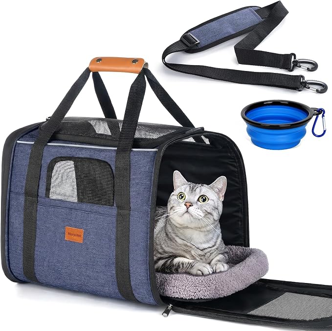 Morpilot Cat Carrier Soft for Large Medium Cats and Puppy up to 18lbs | with Dual-Sided Cushion, Secure Buckle and Foldable Bowl, Dog Carriers for Small Dogs - Pet Carrier (Dark Blue) by Morpilot