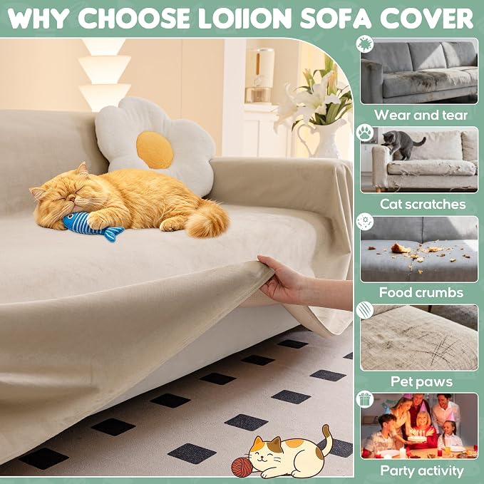 Loiion Cat Scratch Couch Cover Waterproof Sofa Cover 150"x91" Almond | Pet-Friendly Couch Protector, Anti-Scratch & Non Slip Sofa Cover For Cats Dogs Kids, Machine Washable - Image 6