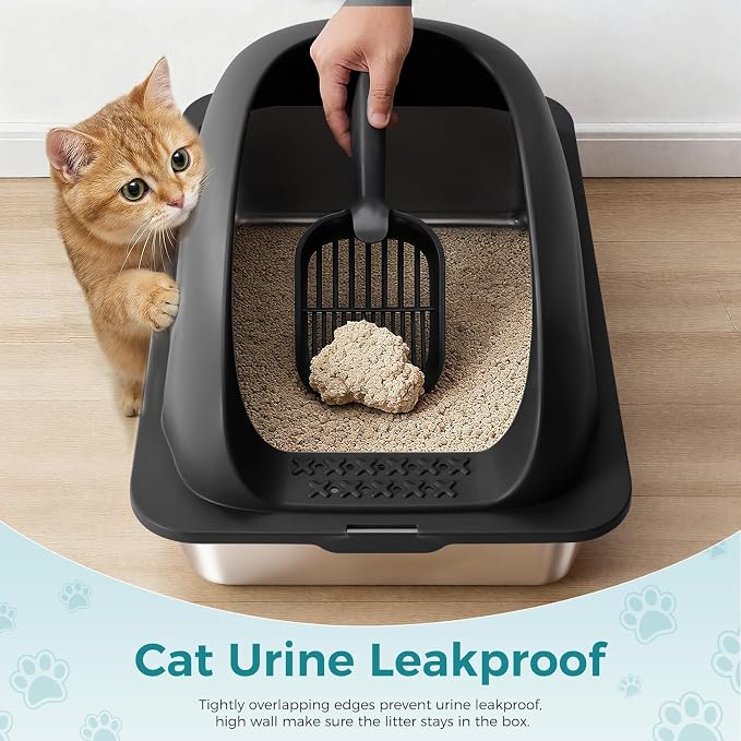OLIXIS Stainless Steel Large Cat Litter Box with Lid, High Wall Sides | Large Cat Litter Box for Big Cats, Anti-Urine Leakage, Easy Cleaning, Scoop and Mat Included, Black - Image 4