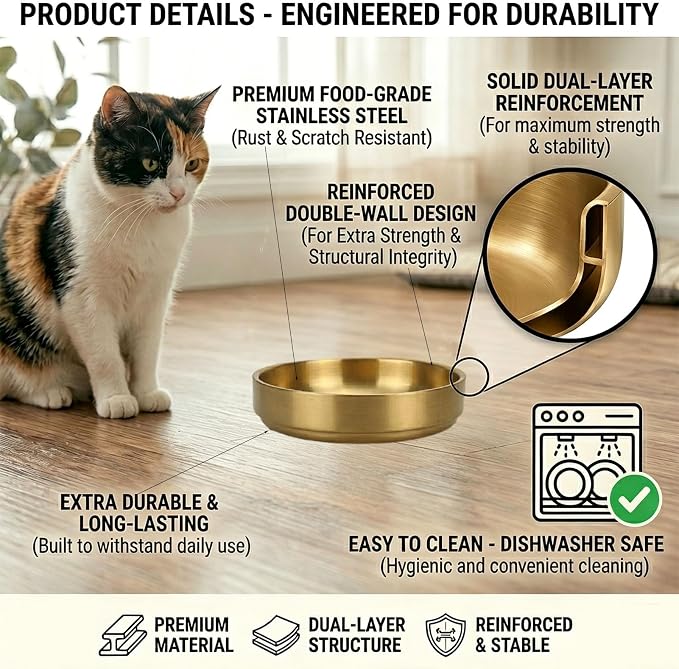 Whisker Fatigue Cat Bowl, Shallow Food Dish Stainless Steel for Cats, 2 Pcs | Wide Shallow Design Prevents Whisker Stress, Heavy Duty Metal Bowls for Indoor Cats and Small Dogs, Dishwasher Safe - Image 2