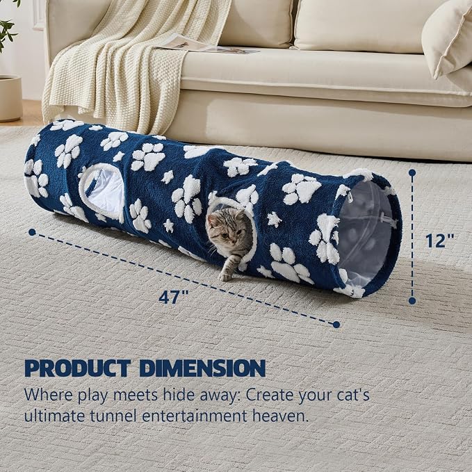 Straight Cat Tunnel for Indoor Cats 47"x12", Blue Paw | Cute Cat Toys, Collapsible Tunnel Tube with Hanging Balls for Puppy Kitten Rabbit - Image 4