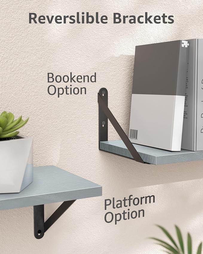 Wall Shelves 7.3" Deep Solid Paulownia Wood (Grey, Set of 3) | 15mm Thick, Wider & Longer & Stronger, Easy to Install, Floating Shelf for Room Wall, Bedroom, Office, Decor & Storage - Image 3