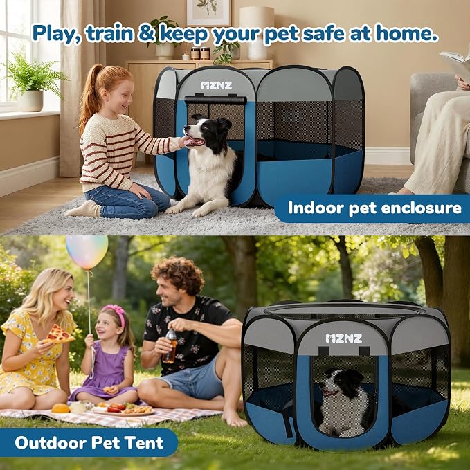 Dog Cat Small Animal Puppy Playpen Crate, Large, Grey Blue | Portable Pop Up Pet Cage Enclosure Tent Kennel Indoor Outdoor with Carrying Case, No Assembly, Camping Use - Image 5