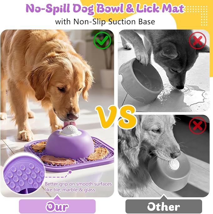 Slow Feeder Dog Bowls & Lick Mat for Liquid and Thick Treat, Anti-Slip Dog Lick Bowl with Interactive Rolling Ball, 5/6 Cup Pup Licking Toy for Large Medium Small Dogs and Cats Purple - Image 5
