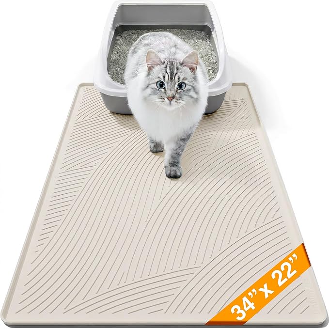 Cat Litter Box Mat - L Large Size 34 x 22 in, Water Proof, Kitty Litter Trapping Mat, Easy to Clean, Scatter Control, Odorless, Pet Supplies for Indoor Cats, Warm Beige by BANLYEO