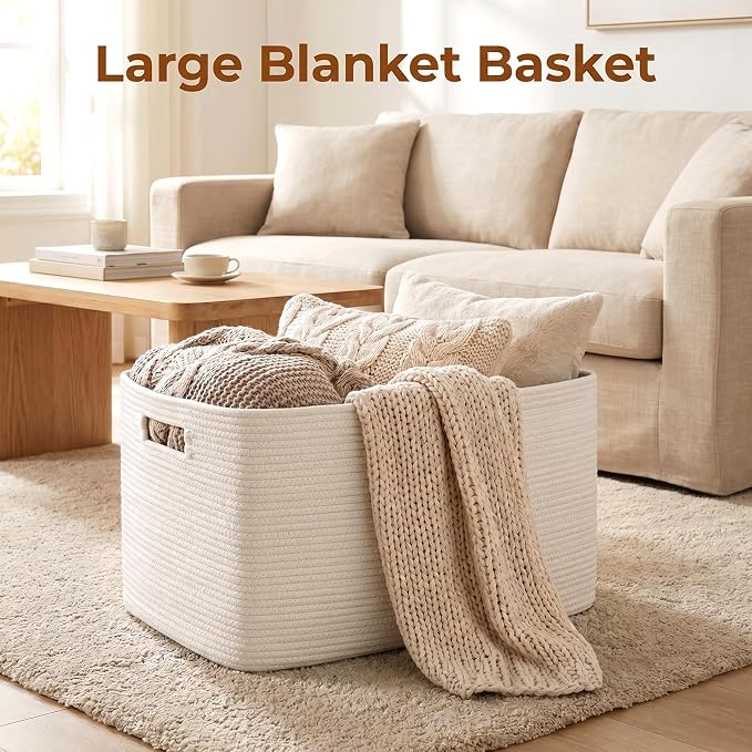 OIAHOMY 75L Large Blanket Basket, Woven Cotton Rope Baskets for Organizing, 22”x17”x12”, Blanket Basket living Room, Bedroom, Nursery, Dog Toy Storage Bins, White - Image 2