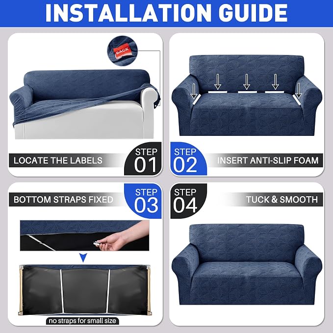 YEMYHOM 1 Piece Stretch Couch Covers for 2 Cushion Couch, Jacquard Loveseat Cover with Non-Slip Elastic Bottom, Thickened Slipcover Furniture Protector for Dogs Pets (Medium, Navy） - Image 7