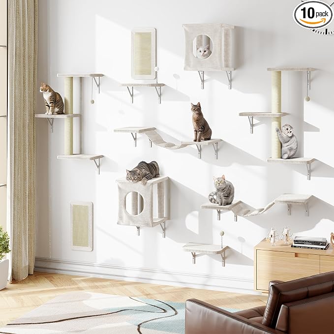 Cat Wall Shelves, 10-in-1 Wall-Mounted Cat Furniture Set | Large Cat Climber Set with House, Bridge, Steps, Scratcher, DIY Playground, Shelves for Indoor Wall Furniture Set, Beige by NUNULAB