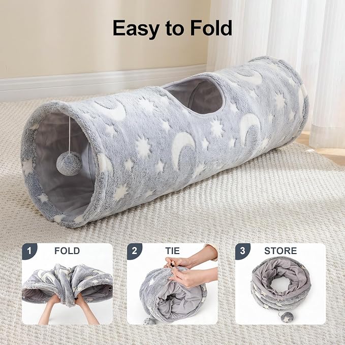 PAWISE Cat Tunnel for Indoor Cats, Glow in Dark Cat Tunnels with Pop-Up, 3-Way Collapsible Cat Play Tunnel Toy for Cats Kittens Rabbits, with Hanging Ball & Bell - Image 2