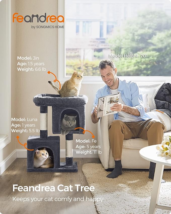 Feandrea Cat Tree, 29.1-Inch Cat Tower, Plush Condo for Medium Cats up to 11 lb, Large Perch, 2 Caves, Scratching Post, Smoky Gray UPCT612G01 - Image 2