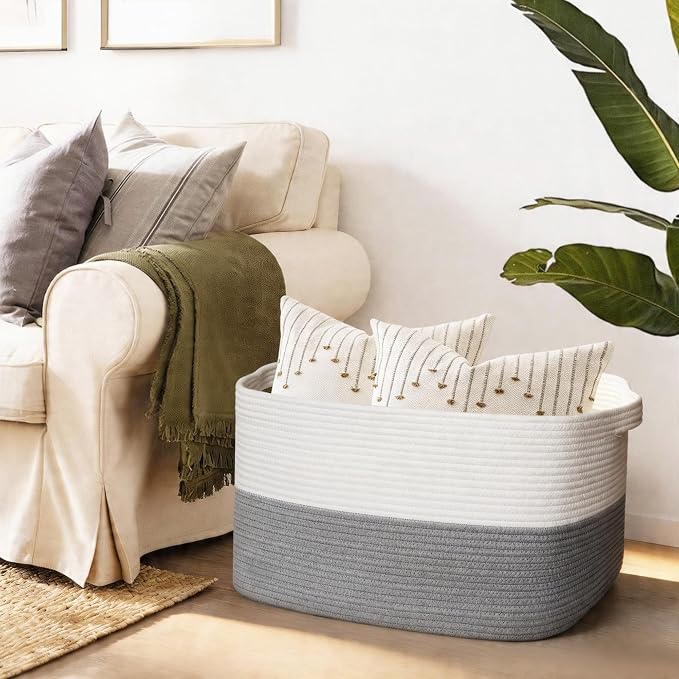 MEGASKET Extra Large Laundry Basket, Rectangle Woven Cotton Rope Storage Basket with Handles, Wicker Laundry Hamper, Farmhouse Storage Bin for Blankets Clothes Toys, Grey, 22" x 17" x 12" - Image 4