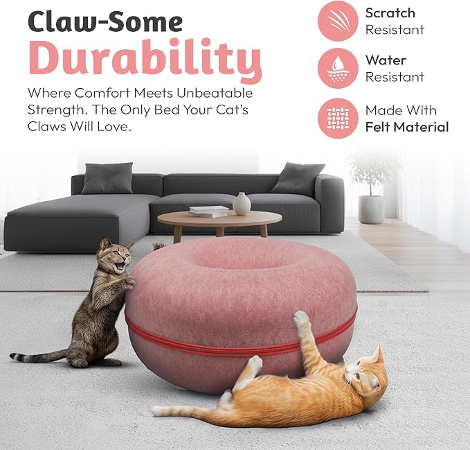 Okoco Cat Tunnel Bed for Indoor Cats Large, 24" Peekaboo Cat Cave Donut Bed for Pets up to 45lbs, 2-in-1 Round Tube with Hanging Ball Toy & Removable Machine Washable Parts (Pink) - Image 7