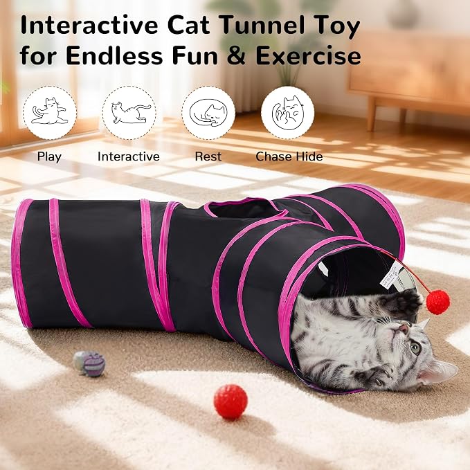 Tempcore Cat Tunnel for Indoor Cats, 3 Way Collapsible Pet Play Tunnel with Teaser Wand, Peek Holes & Hanging Ball, Interactive Tube for Kittens & Rabbits, Black & Rose Red - Image 2