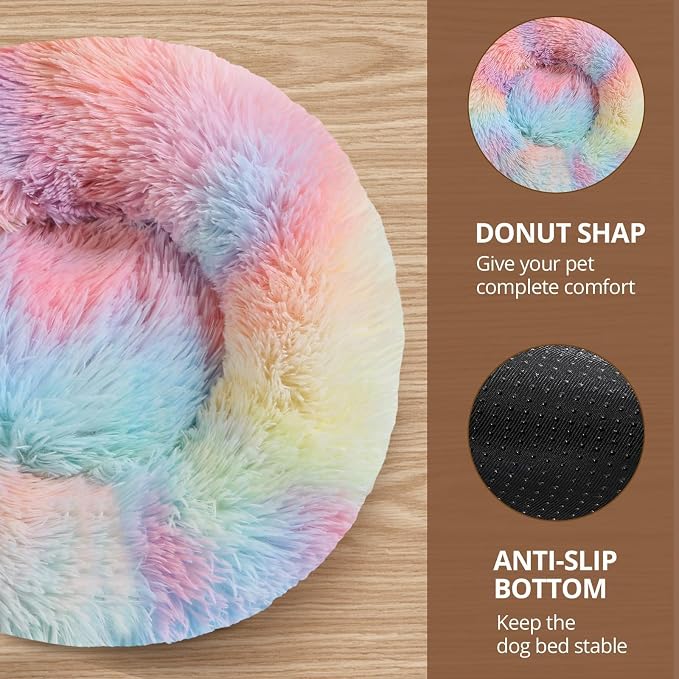 JOLLYVOGUE Calming Dog Bed Medium Size Dog, Anti-Anxiety Donut Medium Pet Bed, 27 inches Fluffy Faux Fur Round Cat Bed (Rainbow) - Image 3