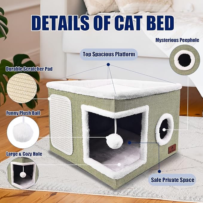 Cat Beds for Indoor Cats, Large Cat Cave Bed with Scratch Pad and Fluffy Ball, Foldable Cat Hideaway, Cat House with Reversible Cushion for Multi Small Pet Up to 30LBS, Green - Image 4
