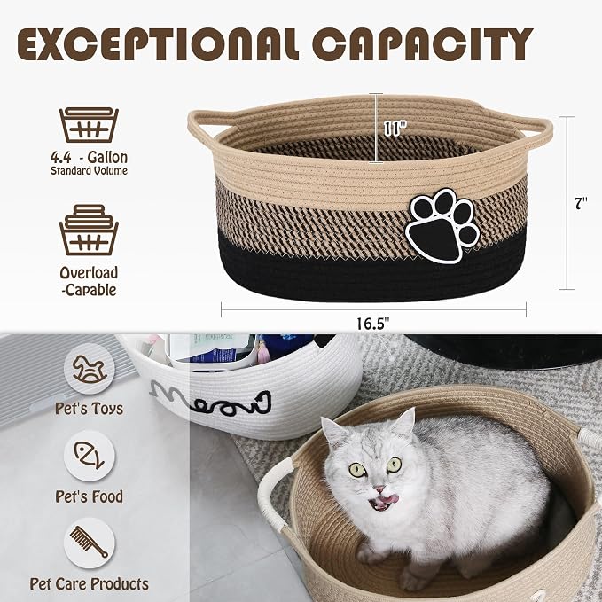 Sea Team Pet Toy Basket with Handles for Cats and Dogs, Flaxen Paw | Large Cotton Rope Storage Bin, Shelf Basket, Organizer for Pet Chew Toys, Foods, 16.5 x 11 x 7 Inches, 4.4 Gallons - Image 3