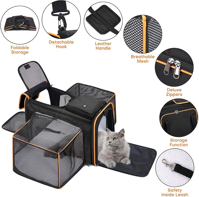 Pet Carrier, Large Soft Sided Expandable Travel Carrier with Steel Frame, Anti-Scratch Mesh, Removable Fleece Pad and Pockets for Cats, Dogs and Small Animals up to 15 lbs (Black, 4 Sides Expandable) - Image 4
