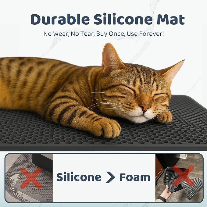 Silicone Cat Litter Mat 24x15" Double Layer Honeycomb Non-Slip | Food-Grade, Machine Washable, Anti-Crease, Claw-Proof, Raised Edges, 24 x 15‘’ Fits Standard Box, Soft on Paws - Image 6