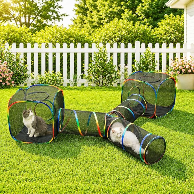 Outdoor Rainbow Cat Enclosures Playground,Outside House for Indoor Cats Include Portable Tent, 3 Way with 2 Cube Tunnel, for Kitty and Small Animals,Within Storage Bag by MAKEPETLUCKY-WelcometoCatTunnelClub