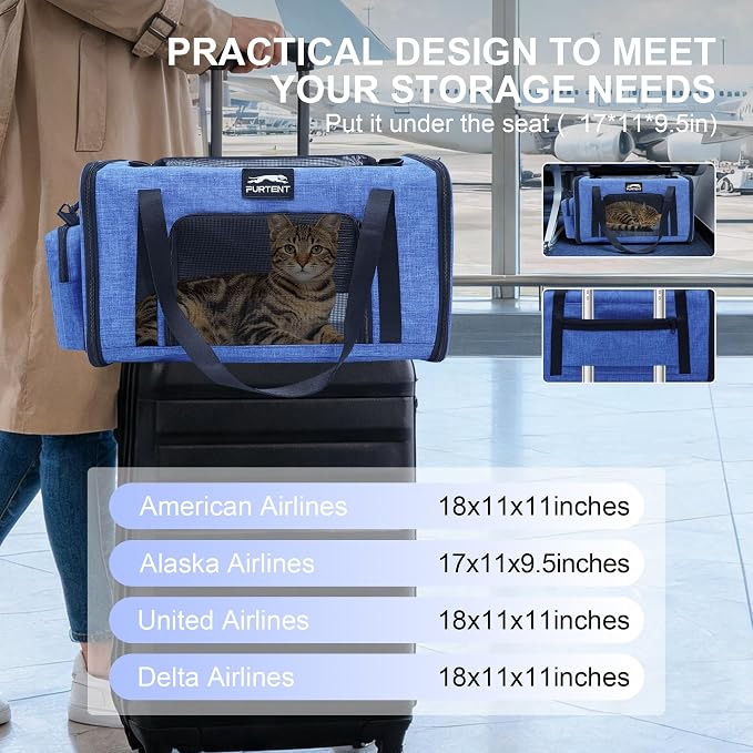 Soft-Sided Cat Carrier with Foldable Litter Box for Air Travel, Blue | A compact soft-sided carrier with a foldable litter box and organized storage for flights, car trips and hotel stays. - Image 2