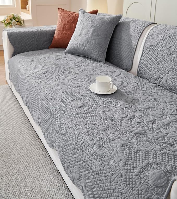 vctops Boho Cotton Quilted Couch Cover Soft Embroidered Sofa Cover Non-Slip Dog Bed Cover Scalloped Sofa Slipcover Washable Furniture Protector Cover (Light Grey,28"x59") - Image 6