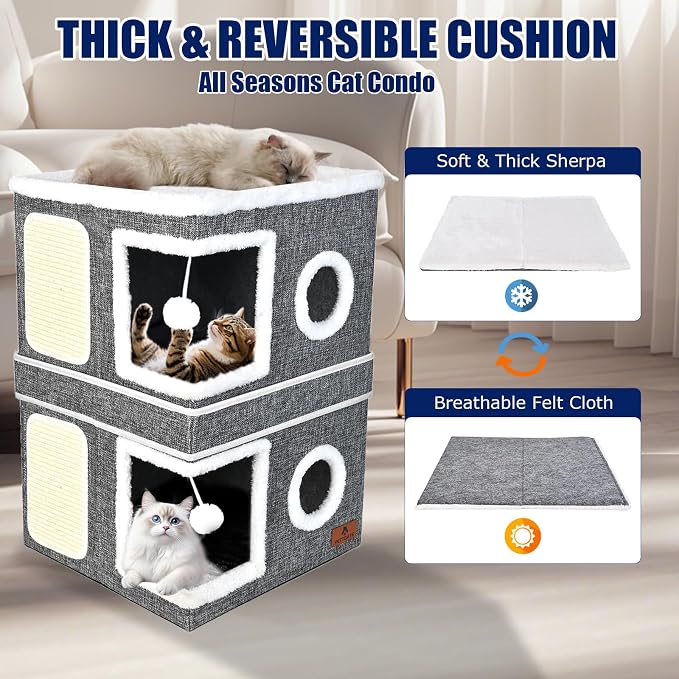 2-Story Cat House for Indoor Cats, Dual-Purpose Cave Bed with Scratch Pad and Fluffy Ball, Foldable Cat Hideaway, Cute Condo Furniture for Multi Small Pet Kitten, Grey - Image 6