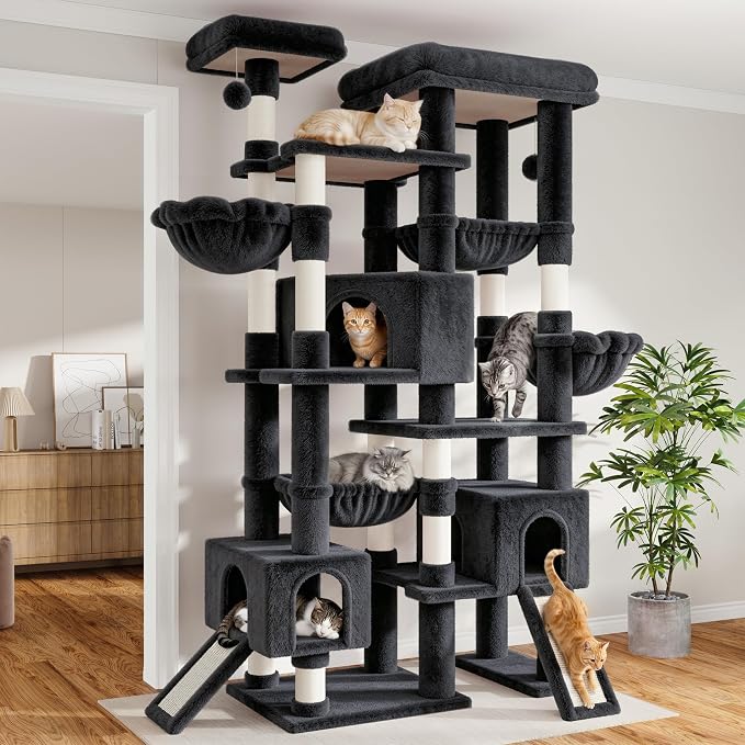 Sha Cerlin 87 in Multi-Level Tall Cat Tree Tower for Large Cats/Extra Wide Feline Activity Center/Sisal Scratching Posts/Wide Base/Cozy Plush Perches/Baskets/Hammocks/Toy Balls/Dark Grey by SHACERLIN