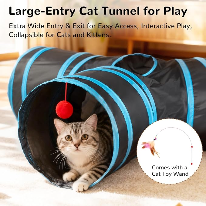 Tempcore Cat Tunnel for Indoor Cats, 3 Way Collapsible Pet Play Tunnel with Teaser Wand, Peek Holes & Hanging Ball, Interactive Tube for Kittens & Rabbits, Black & Blue Medium - Image 6